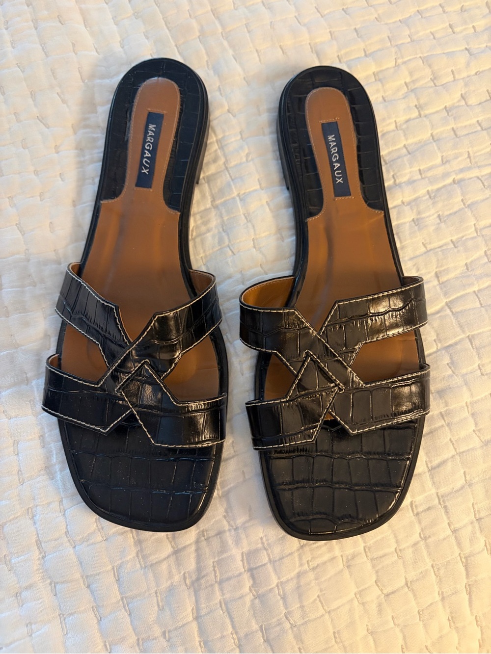Margaux MX Black Croc-Embossed Leather Slide Sandals